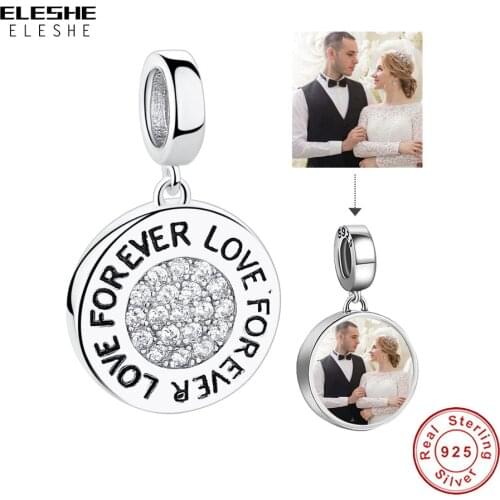 925 Sterling Silver Forever Love Personalized Custom Photo Round Beads Charms Fit Bracelet DIY Jewelry