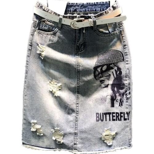 Denim skirt women summer new high waist heavy work hot drilling hole package hip jeans skirt