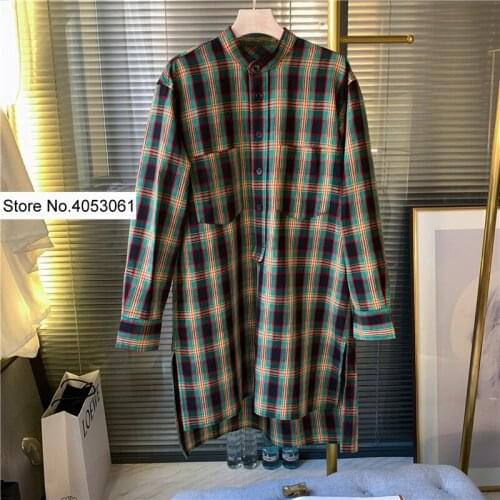 ElfStyle Women Linen Cotton Contrast Gingham Checkered Plaid Casual Short Dress With Long Sleeve & Standing Collar