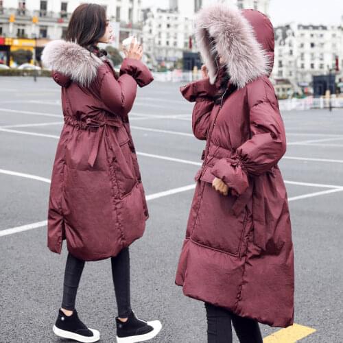 JuneLove Winter Women Long Coat Real Fur Collar Warm Hooded Parkas Down Coat Female 90% white duck down Thick Overcoat Outwears