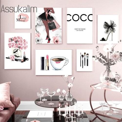 Makeup Brush Wall Art Print Flowers Poster High Heels Painting Sexy Lips Canvas Prints Fashion Wall Pictures For Girl Room Decor