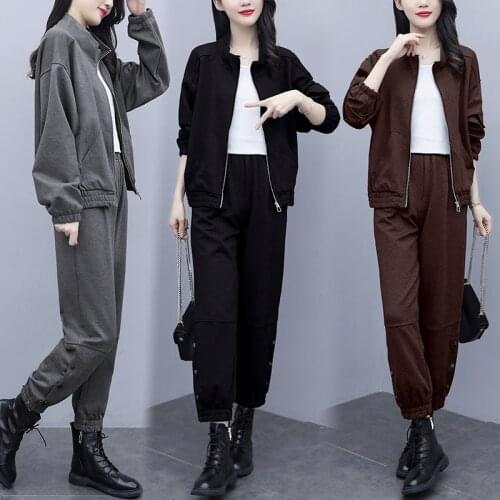 2021 Spring Autumn 2-piece sets Ladies Suit Sets Loose Long sleeve Zipper Tops Pants Casual Plus size Female Clothing Suit 5XL