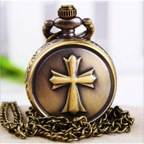 Cross Bronze antiques pattern Fashion quartz Modern hours pendant Necklace pocket watches