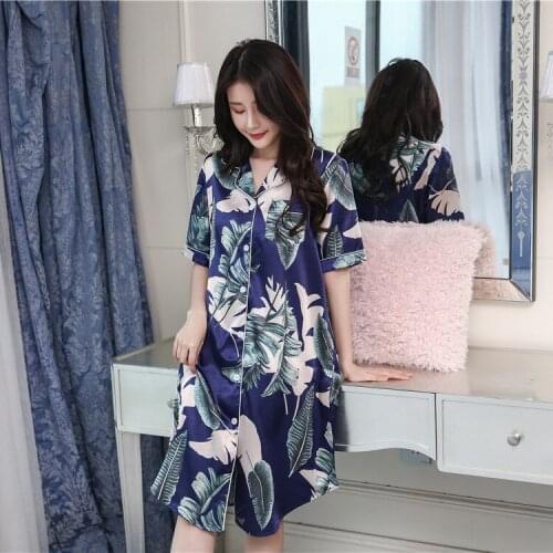 New large pyjama womens nightdress ice silk suit long sleeve cardigan long home clothes for women