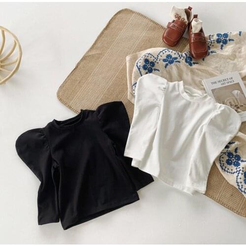 New 2021 Autumn Baby Girls Puff Sleeve T-shirts Korean Style Pure Elastic Knitted Kids Tops Solid Color Toddlers Children Tees