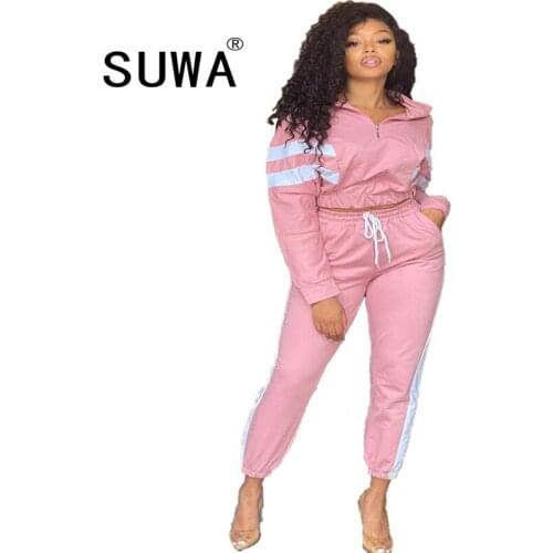 Wholesale Women Two Piece Pants Sets Casual Patchwork Sports Tracksuit Zip Tops Jogger Sweatpant Suits Outfits Matching Set