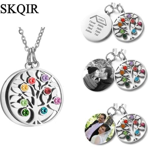 Tree of Life Circle Pendant Necklace Stainless Steel Custom Photo Name Necklaces With Birthstone Personalized Necklace For Women