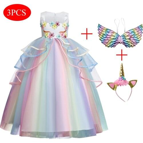 Rainbow Unicorn Dress Girls Clothes Flower Girl Wedding Evening Long Prom Gown Halloween Party Princess Costume Size 5-14 Years