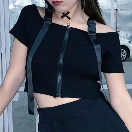 Ruibbit Gothic Tops Sexy Slash Neck High Street Women T-shirt Slim Backless Patchwork Zipper Girl Top Popular Black T-shirts