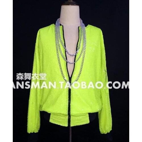 S-5xl! 2020 New Mens Fashion Flash Fluorescent Green Sequined Baseball Jacket Costume Coat Men Singer Clothing