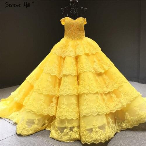 Serene Hill Yellow Luxury Lace Tiered Sexy Wedding Dress Sleeveless Beadings Bridal Gown 2019 Real Picture Custom Made C66786