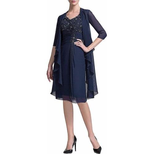 2021 Chiffon Beaded Mother of the Bride Dresses With Jacket Lace Navy Burgundy Knee Length Wedding Two-Piece Evening Gowns New
