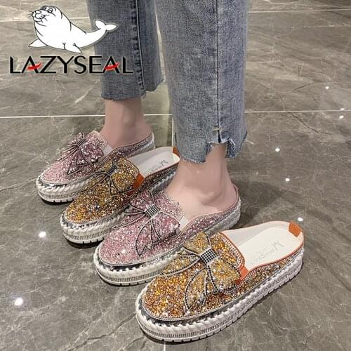 LazySeal Bling Butterfly-knot Platform Slippers Women Summer Beach Shoes Chunky Heel Bottom Shiny Flip Flops Crystals Slides