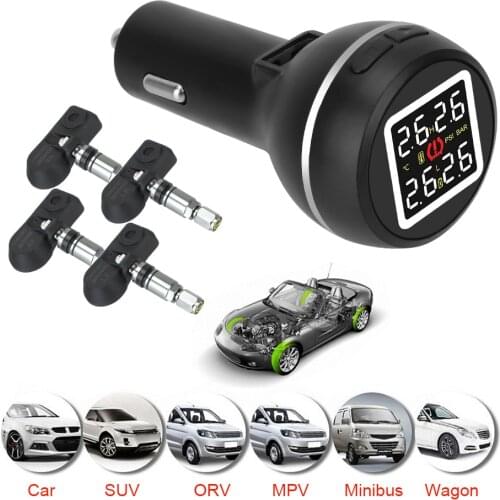 Car Tire Pressure Monitoring System Save Fuel High Temperature Alarm TPMS Cigarette Lighter Type with 4 Internal Sensors