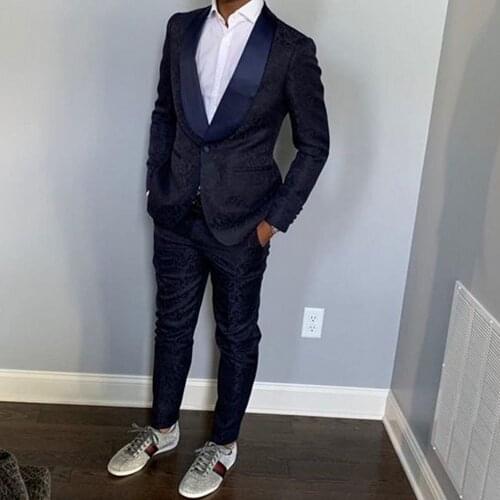 Groomsmen Navy Blue Pattern Groom Tuxedos Shawl Satin Lapel Men Suits 2 Pieces Wedding Best Man ( Jacket+Pants+Tie ) C783