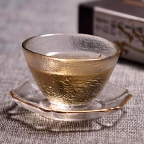 Gold line glass cup and saucer heat resistant small tea cup Kung Fu tea set with plate