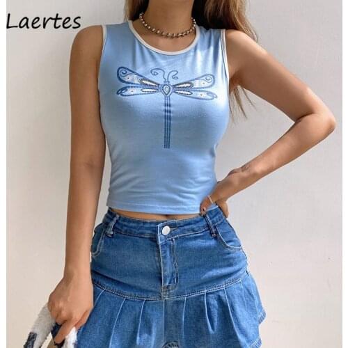 Laertes Fashion Womens Tank Top Sleeveless Basic Print Slim Top O Neck Casual Sweet Style Blue Elegant T-shirts Club Crop Top