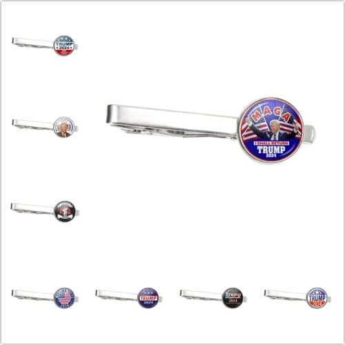 He Will Be Back 2024 USA Trump Collection Glass Cabochon Tie Clip Jewelry Tie Clasp For Men Support Trump