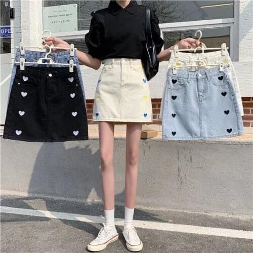 Love Embroidery High Waist Denim Skirt High Waist A-line Skirt Fashion Short Skirt Ins Skirt Female