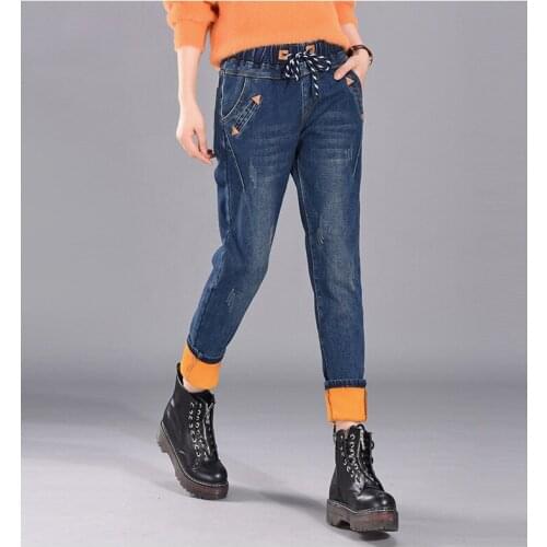 Women Jeans Warm Big Size 5XL Winter Fleece befree Trousers Female High Waisted Elastic Velvet Thickening Loose mom Jeans
