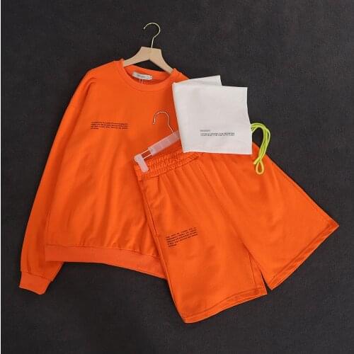 Womens Solid Sweatsuit Set Two Piece Outfits Long Sleeve Crewneck Pullover Tops High Waist Long Sweat Shorts Tracksuits Female