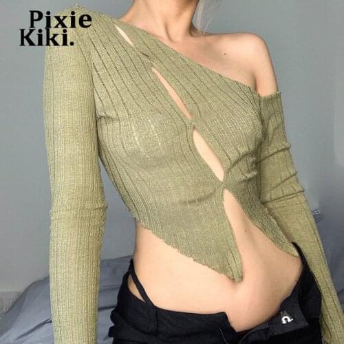 PixieKiki Fairy Grunge Solid Knitted Crop Top Sexy Asymmetrical Hollow Slit Long Sleeve T Shirt Women Aesthetic Clothes P84-BH15