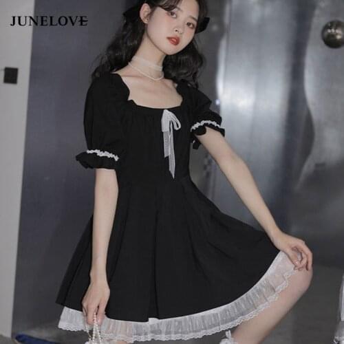 JuneLove Kawaii Mini Dress Women Summer 2021 Black Short Sleeve Japanese Sweet Cute Casual Dress College Bow Lace Goth Lolita