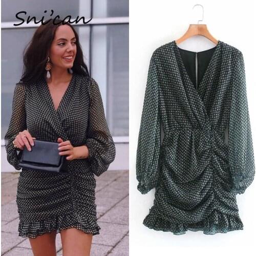 Snican ruched ruffle dress long sleeve v neck chiffon sexy dresses vintage chic casuales za 2020 women vestido manga larga chic