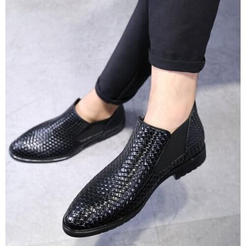 2020 Spring/Winter Mens Chelsea Boots,British Style Fashion Ankle Boots,Black Brogues Weaving Leather Casual Shoes Western Boots