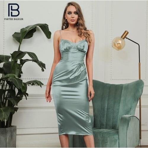 PB Trendy Satin Midi Slip Dress Sexy Sleeveless Draped Design V Neck Celebrity Party Club Vestido Free Shipping