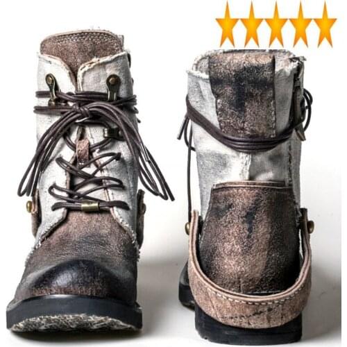 Cowhide Top Quality Designer Vintage Mens Ankle Canvas Patchwork Genuine Leather Lace Up Breathable Casual Cargo Boots