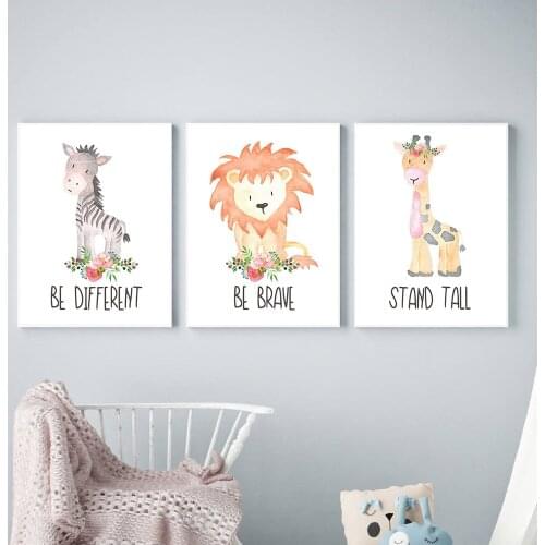 Flower Animal Canvas Poster Lion Elephant Giraffe Nursery Quote Wall Art Print Painting Wall Pictures Kids Baby Bedroom Decor