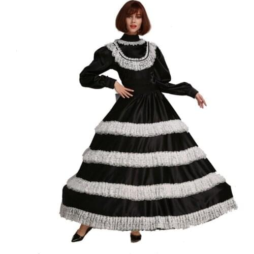 Sissy Maid Deep Lace Lockable Black Satin Long Dress Costume Crossdress