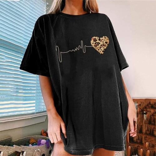 Leopard Heart Electrocardiogram Print Harajuku T Shirt for Women Half Sleeve Round Neck Summer Tee Hip-hop Loose Top Clothes