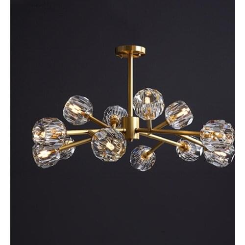 Modern American Style Art Crystal Copper Chandelier Lighting Creative Restaurant Parlor Bar Decor Hanging Light Fixtures