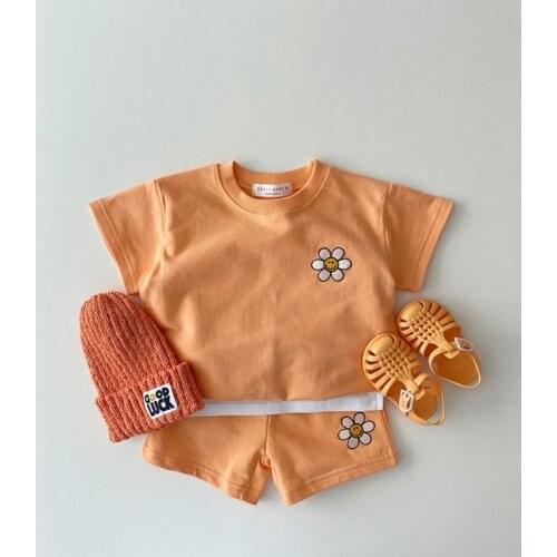 Summer Toddler Clothes Set Flower Embroidery Baby Girls Outfits Cotton Short Sleeve Patchwork Tee And Shorts 2Pcs Suits Kids