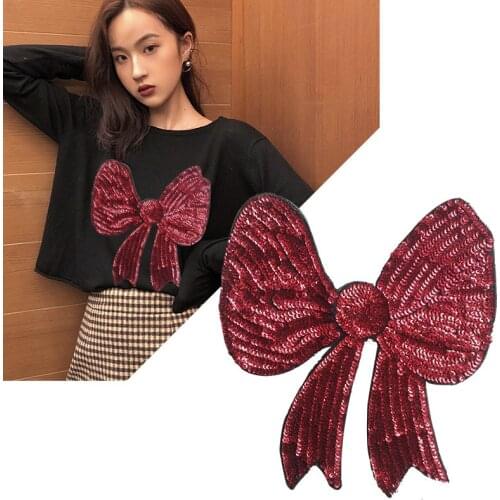 Fashion Flower patch 29cm beading red bow logo suquins Diy women Embroidery patches for clothing applique Stickers Free Shipping