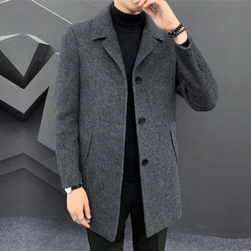 Male Clothing Custom Made Grey Solid Polyester Wool Blend Single Breasted Formal Blazer Woollen Overcoat Herringbone Jacket 2021