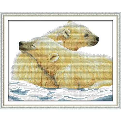 Polar bear and his cub cross stitch kit 14ct 11ct pre stamped canvas embroidery DIY handmade needlework