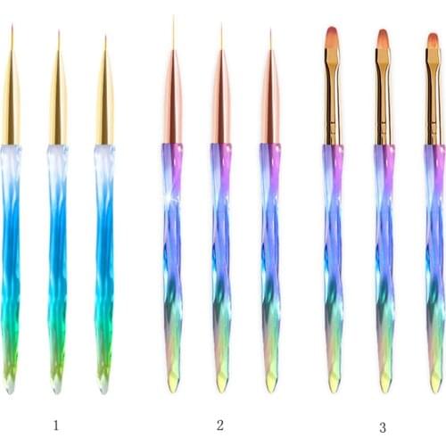 3Pcs Nail Art Brush set Liner Brush Drawing Pen Colorful Crystal Handle Acrylic UV Gel Extension Builder Painting Manicure Tools