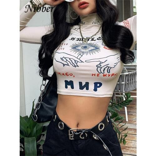 Nibber autumn fashion high street casual Tight stretch Slim crop tops women Funny print full sleeve stretch Slim tee shirt mujer
