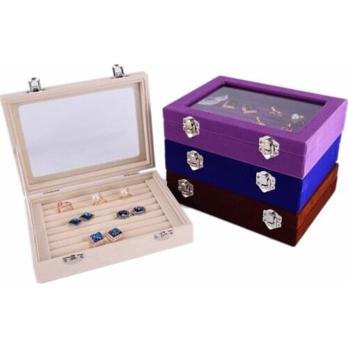 7 Color Velvet Glass Ring Earring Jewelry Display Organizer Box Tray Holder Storage Box