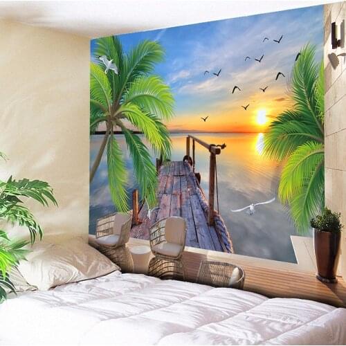 Psychedelic Sea Tapestry Wall Hanging Coconut Tree Sunlight Decorative Wall Carpets Large Wall Tapestry Cheap Hippie Art Blanket