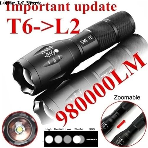T6 Tactical Military LED Flashlight 980000LM Zoomable 5-Mode Without Battery