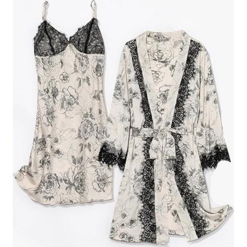 Spring New Lace Sleepwear Satin Women Sexy Robe Sets 2 Pieces Suit Silky Nightdress Intimate Lingerie With Pads Nightwear