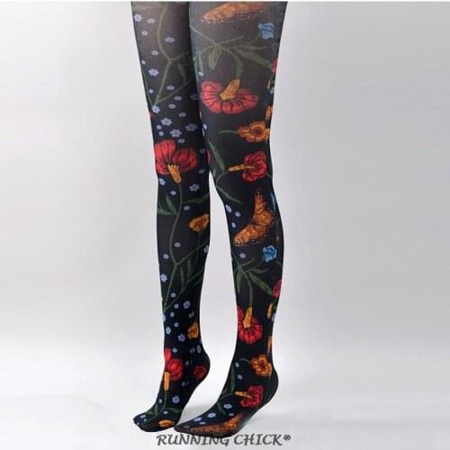 Flowers Printed Jacquard Pantyhose Spring And Autumn Retro Tight