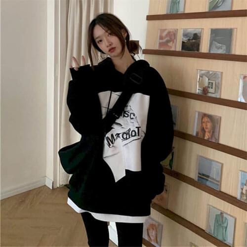 2021 Fall Winter Hoodies Women Plus Velvet Long Sleeve Jacket Oversized Sweatshirt Korean Goth Clothes Harajuku Tops Print