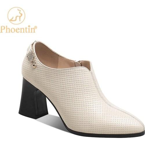 Phoentin Elagant Office Shoes Women Genuine Leather Pumps 2021 Spring New Fashion Pointed Toe Zip High Heels Black Beige FT1341