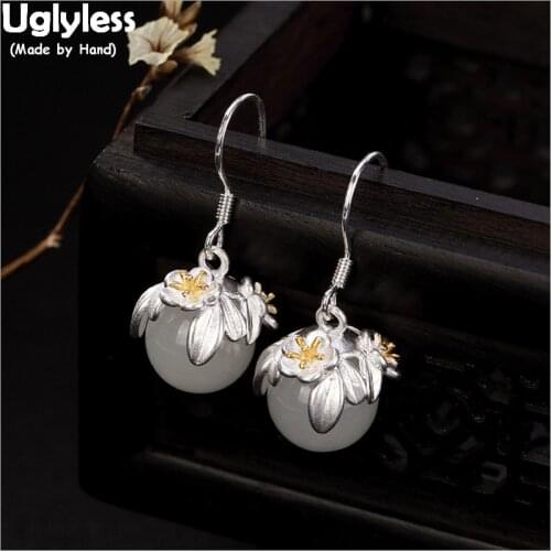 Uglyless 100% Real 925 Sterling Silver Flowers Ethnic Handmade Earrings for Women Exotic Fine Jewelry Natural Jade Ball Earrings