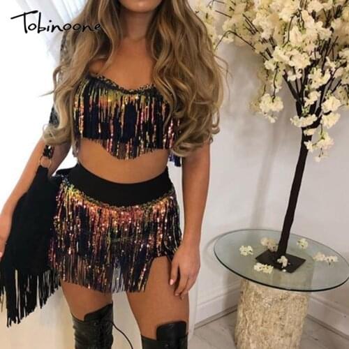 Tobinoone Women sexy club tassel short crop top women tops skirt summer 2 piece set for female women two pieces set skirts white